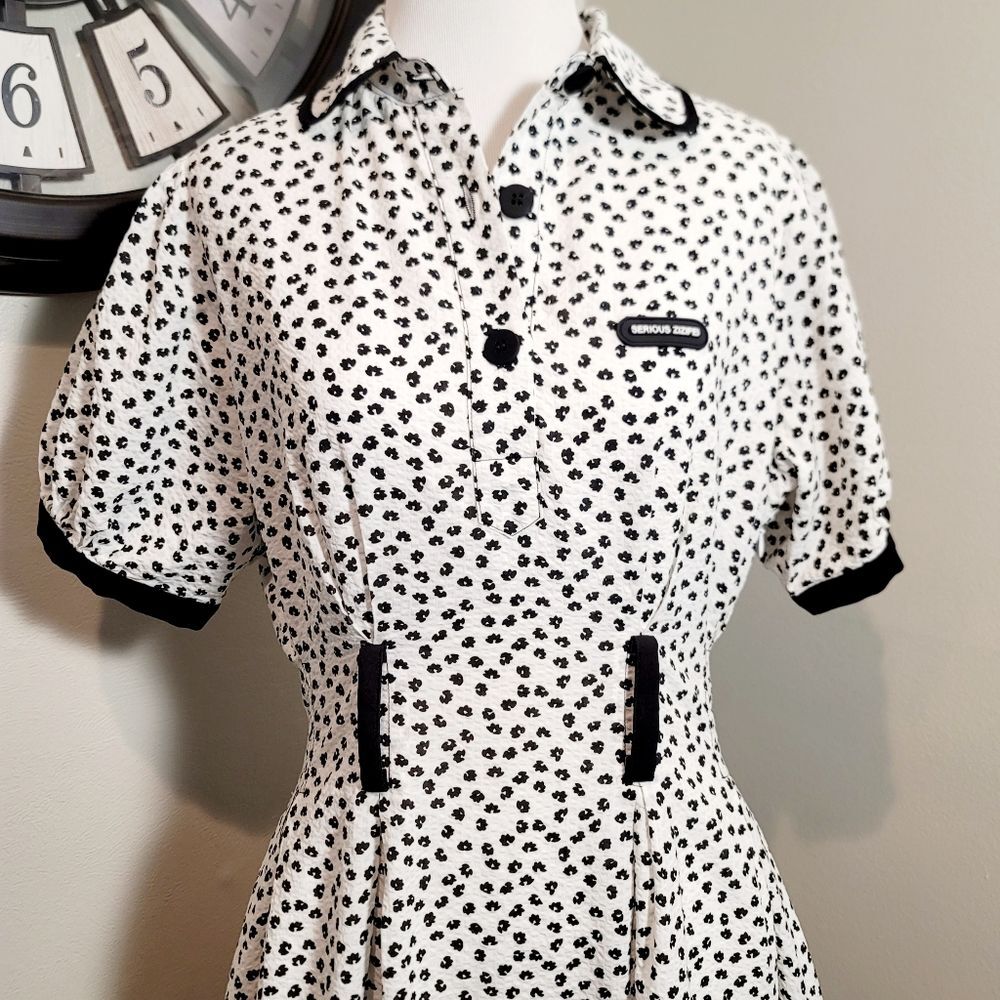SERIOUS ZIZIFE French Retro Yamamoto Style Black & White Floral Midi Dress Sz M - Picture 9 of 16